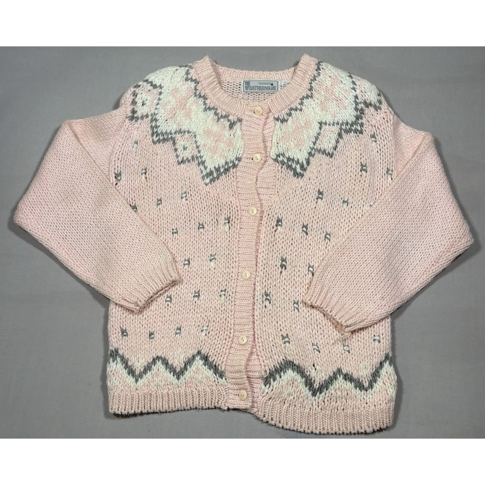 VTG The Weathervane Cardigan Sweater Womens Medium Pink Chunky-Knit Fair Isle